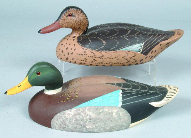 Pair of Mallard Duck Decoys, Drake and Hen with re: Pair of Mallard Duck Decoys, Drake and Hen with realistic painted and marked Wildfowler Decoys Point Pleasant, N.J. 5 1/2", Condition: Very good.