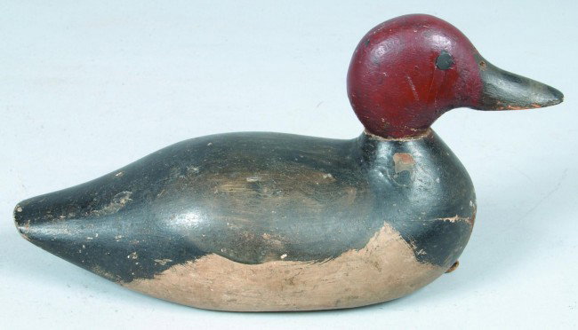 Red Head Drake Duck Decoy with tack eyes, 6 3/4"h.: Red Head Drake Duck Decoy with tack eyes, 6 3/4"h. Condition: Repaired neck.