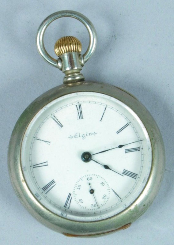 Elgin Open Face Pocket Watch, movement marked Elgi: Elgin Open Face Pocket Watch, movement marked Elgin Nat'l. Watch Co. U.S.A. 7 jewel, # 8208634, Keystone Watch co. Silveroid case, running, Condition: Good.