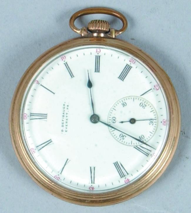 D. Defibaugh, Everett, PA. Open face Pocket Watch,: D. Defibaugh, Everett, PA. Open face Pocket Watch, movement marked Elgin Nat'l Watch Co. U.S.A. # 12430808, 10 k rolled gold plate case, running, Condition: Good.