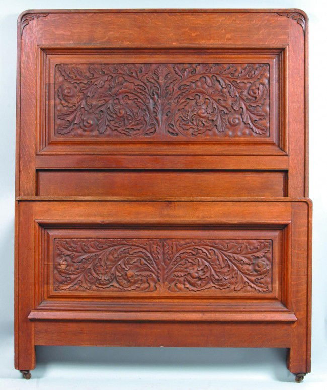 Arts and Crafts Period Quarter Sawn Oak High Back: Arts and Crafts Period Quarter Sawn Oak High Back Headboard Bed with leaf and scroll raised carving. Condition: Good.
