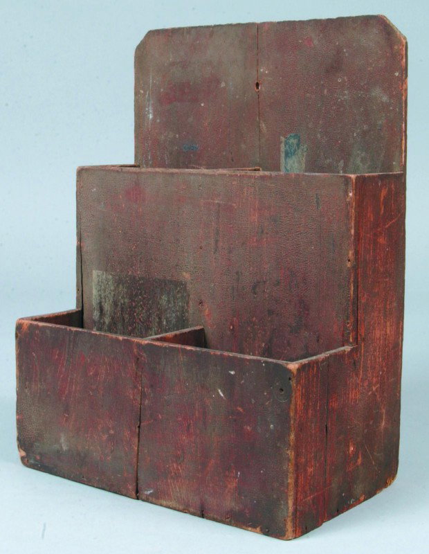 Softwood Two Tier Wall Box with original reddish/b: Softwood Two Tier Wall Box with original reddish/brown alligatored paint and nailed construction. 13 1/2"h x 10"w x 5 3/4"d. Condition: Minor cracks and wear.