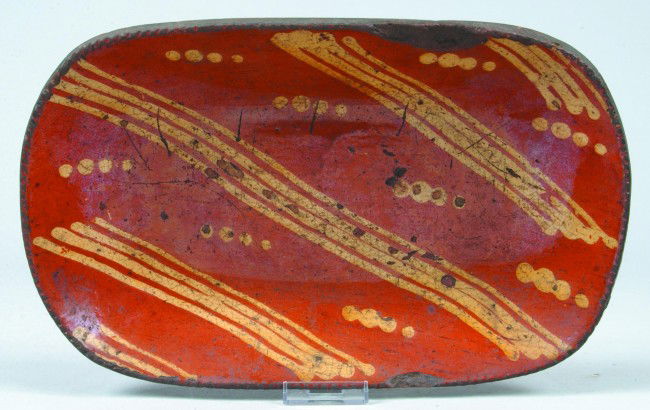 Redware Slip Decorated Loaf Dish with yellow slip: Redware Slip Decorated Loaf Dish with yellow slip straight lines and dot decorated, 8-3/4"x 14-1/4"dia., Condition: Chips and wear.