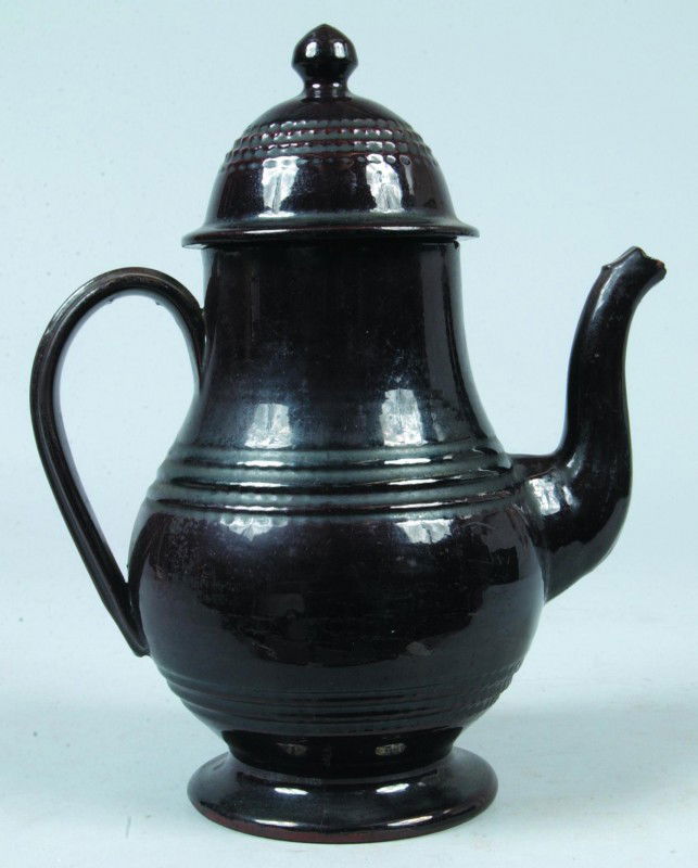Redware Dome Top Coffee Pot with goose neck spout,: Redware Dome Top Coffee Pot with goose neck spout, baluster form with applied handle, tooled decoration on lid and body, 11"h. Condition: Damage.