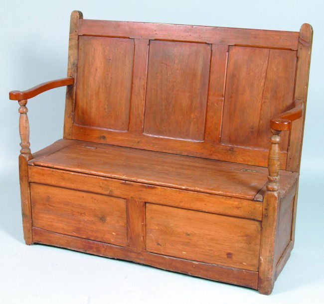 Late 18th Century Mixed Wood Settle Bench with lif: Late 18th Century Mixed Wood Settle Bench with lift lid compartmented base, paneled back and scrolled arms with turned supports. 42"h x 48"w x 20"d. Condition: Good with wear and losses.