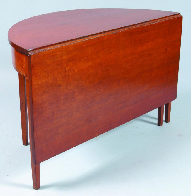 Hepplewhite Cherry Half Circular Drop-leaf Gate-le: Hepplewhite Cherry Half Circular Drop-leaf Gate-leg Table with line inlay and tapered legs. 28"h x 48"w x 22"d.