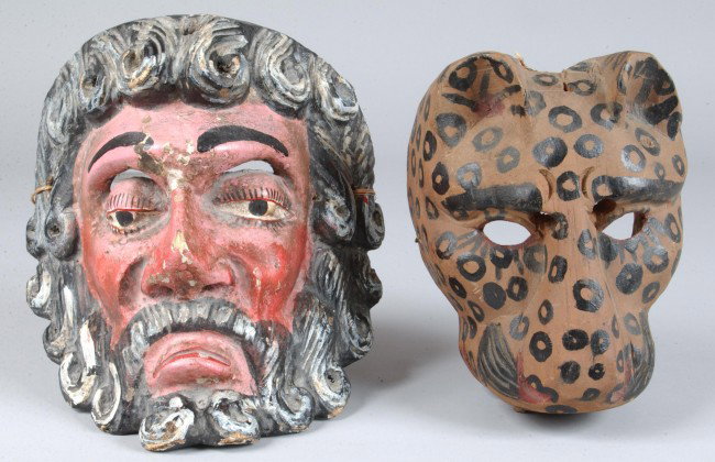 Bearded Man and Leopard Carved Wooden Masks, poly: Bearded Man and Leopard Carved Wooden Masks, polychrome painted,10"h. and 7 1/2"h. Condition: Good.