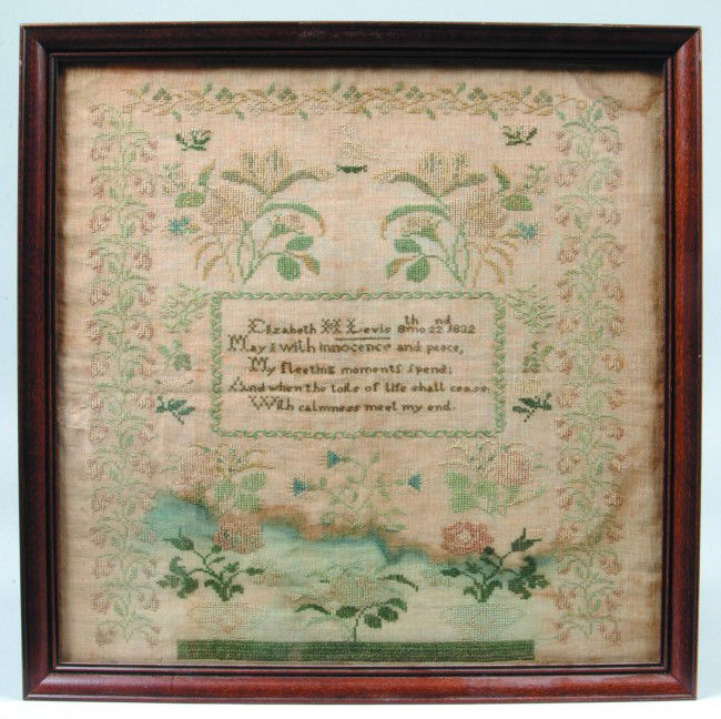 1832 Elizabeth H. Levis Needlework Sampler having: 1832 Elizabeth H. Levis Needlework Sampler having central name and verse plaque surrounded by floral motifs, potted flowers below and floral and vine border, in modern frame, 19-1/4"h.x 19-1/4", Condi