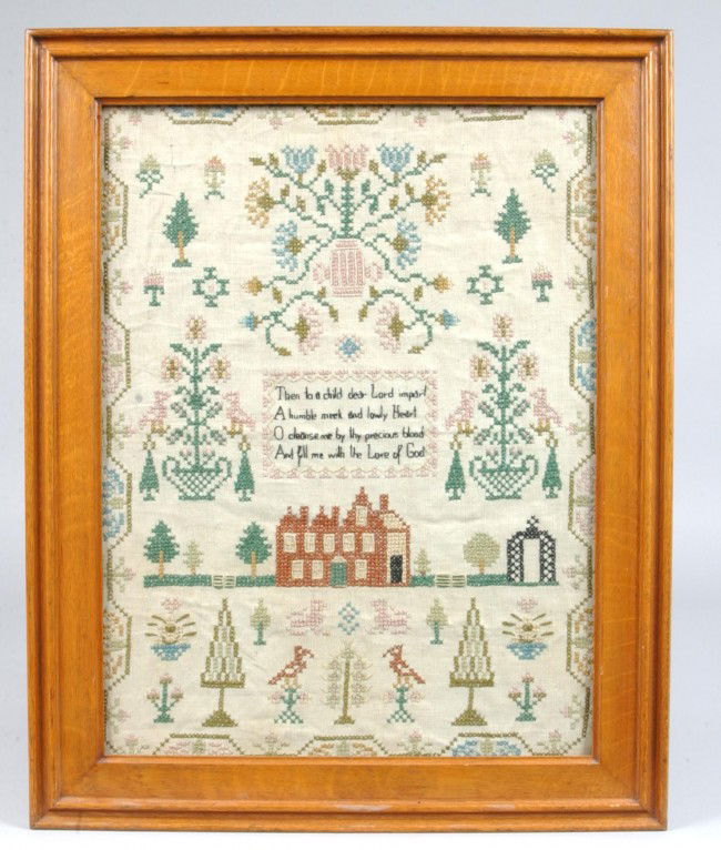 20th Century Needlework Sampler having central ver: 20th Century Needlework Sampler having central verse saying flanked by potted flower with birds, buildings, floral motifs and floral vine border, in an oak frame, 23-3/4"h. x 19-1/4"w., Condition: Goo