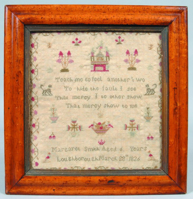 Margaret Smith 1826 Needlework Sampler having cent: Margaret Smith 1826 Needlework Sampler having central verse flowers, building, birds motifs, floral and foliate vine border, 17"h. x 16 1/2"w. Condition: Good.
