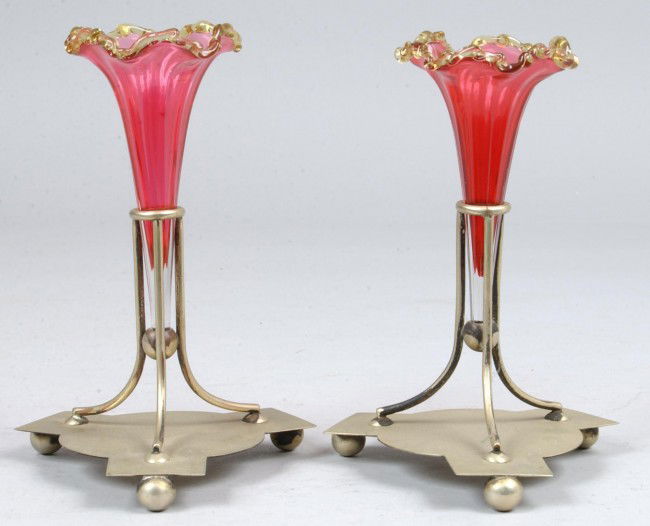 Pair Cranberry Glass Epergnes with green ruffled e: Pair Cranberry Glass Epergnes with green ruffled edge rim, unmarked silver plated stands with ball feet, 7 3/4"h. Condition: Good.