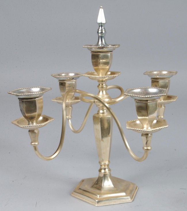 Silver Plate Candelabra with twisted arm supports: Silver Plate Candelabra with twisted arm supports and five candle sockets with bobeches, 11 1/4"h.