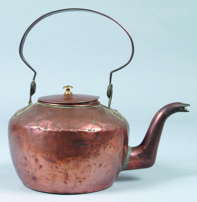W. Heyser Chambersburg 19th Century Pennsylvania : W. Heyser Chambersburg 19th Century Pennsylvania Copper Tea Kettle , with shape swing handle, riveted base tabs, brass finial on lid, goose neck spout, canted body with dovetailed construction, 11-1/2