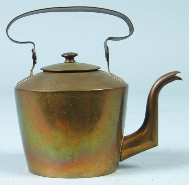 Child's Size Copper Tea Kettle with shaped swing h: Child's Size Copper Tea Kettle with shaped swing handle, goose neck spout and brass finial on lid, 6"h. Condition: Good.