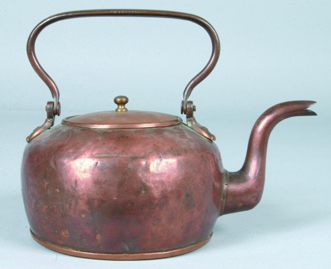 Copper Tea Kettle swing handle , goose neck spout,: Copper Tea Kettle swing handle , goose neck spout, 9 1/2" h. Condition: Replaced lid and bottom, repaired on spout.