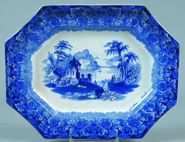 Blue Transfer Ironstone China "Salem" Paneled Plat: Blue Transfer Ironstone China "Salem" Paneled Platter with printed and impressed mark, 10-1/2" x 13-1/2", Condition: Very good.