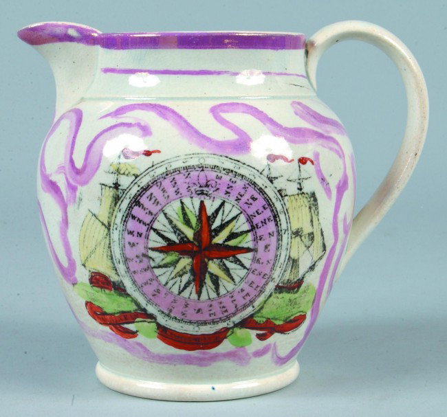 Sunderland Pink Lustre China Nautical Pitcher, bul: Sunderland Pink Lustre China Nautical Pitcher, bulbous form with polychrome transfer decorated of nautical compass and ship, oppose side with verse saying in open wreath, pink lustre trim, 6"h. Condit