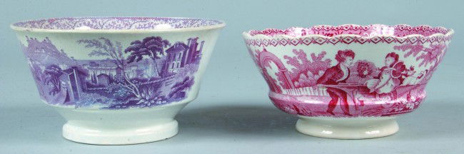 Two Transfer Decorated Waste Bowls, first is Irons: Two Transfer Decorated Waste Bowls, first is Ironstone Mulberry transfer "Nice" marked R.& M., (Ridgeway & Morley), 3-1/2"h. Condition: Tight line. Second is Staffordshire red transfer of boy pushing