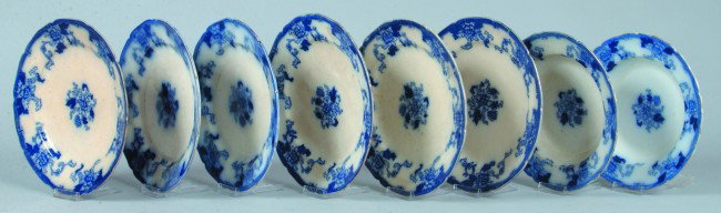 Eight Flow Blue China Plates in Cliff Pattern, mar: Eight Flow Blue China Plates in Cliff Pattern, marked Senator Crown Semi Porcelain, England, Two soups plates 9-1/4" and 91/2"dia. Condition: One good ,other with crazing, Six 10-1/4"Plates, Condition