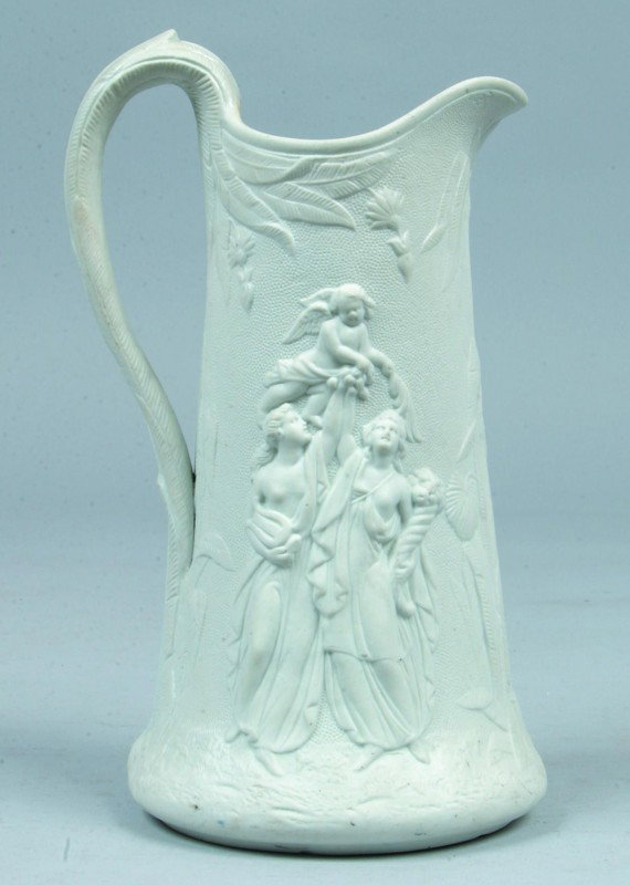 Parian China Figural Pitcher with embossed figural: Parian China Figural Pitcher with embossed figural and cherub decorated, 9 1/2"h. Condition: Good.