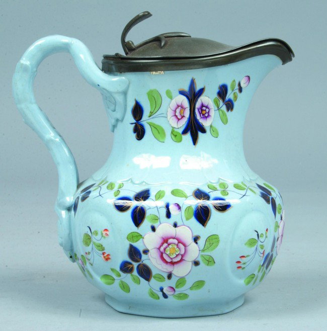 Ironstone China Floral Decorared Pewter Lid Milk : Ironstone China Floral Decorared Pewter Lid Milk Pitcher, floral and vine shaped handle, pewter hinged lid with heart shape style thumb lift, 8"h. Condition: Good.