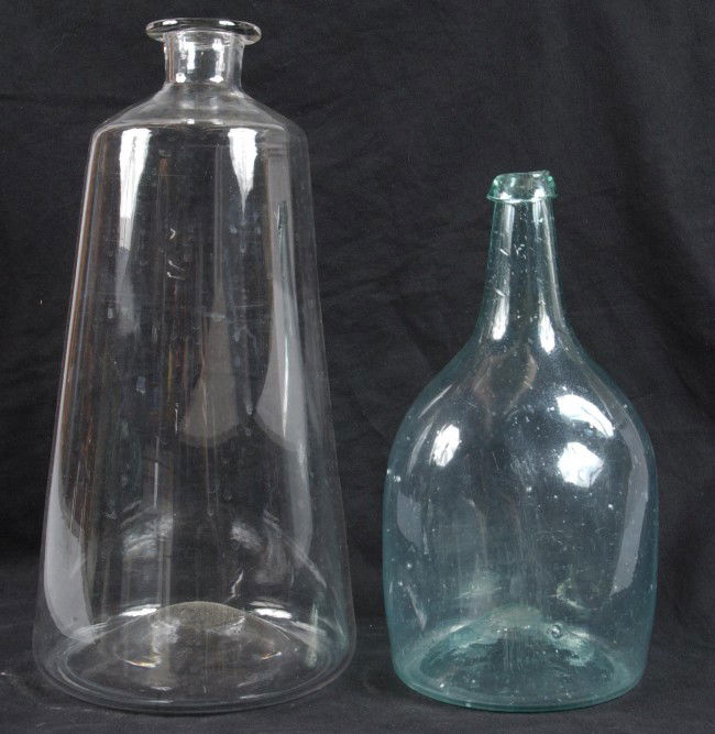 811 Two Blown Bottles; Aqua wine bottle with concave b