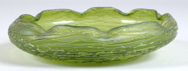 Unsigned Threaded Iridescent Art Glass Bowl with c: Unsigned Threaded Iridescent Art Glass Bowl with crimp sides. 1 3/4" high x 9 1/2" diam. Condition: Good with bubble pop.