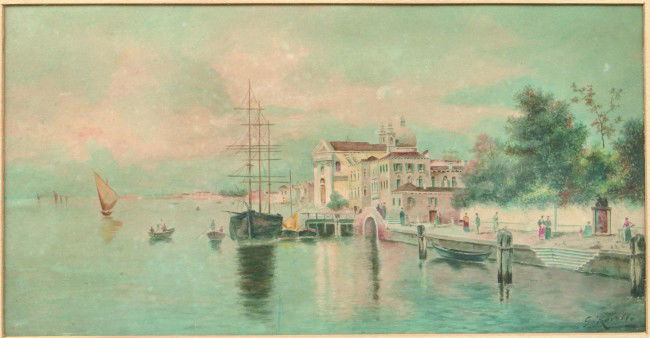 Watercolor on Paper depicting Water Coast side wit: Watercolor on Paper depicting Water Coast side with Sail boats and three story buildings, signed G. Rovello , framed and matted, 14 3/4"h.x 21 3/4"w. Condition: Good with loss on frame.