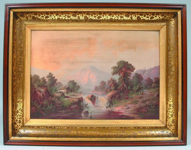 19th Century European Landscape Painting, Oil on c: 19th Century European Landscape Painting, Oil on canvas with water mill , small water fall, people on hillside and mountains, signed D Hampe 1871, in walnut deep molded fame, 28"h. x 36"w. Condition:
