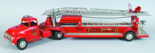 Tonka No. 5 Aerial Ladder Truck decal "T.F.D.". 31 : Tonka No. 5 Aerial Ladder Truck decal "T.F.D.". 31 1/2" long. Condition: missing spot light and normal wear.