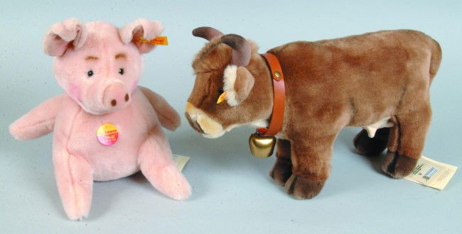 Two Steiff Stuffed Animals; Resi (cow), 15 1/2" lon: Two Steiff Stuffed Animals; Resi (cow), 15 1/2" long and Das Schwein (pig), 10" high, both have buttons and hang tags. Condition: Like new.