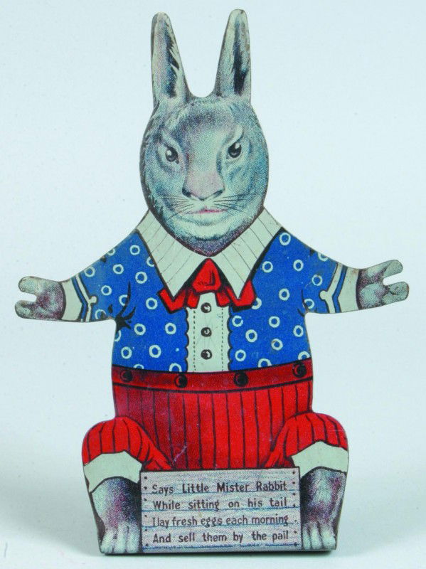 Ohio Art Tin Lithograph Easter Candy Display depict: Ohio Art Tin Lithograph Easter Candy Display depicting Easter Bunny silhouette and sign "Says Little Mister Rabbit while sitting on his tail, I lay fresh eggs each and every morning and sell them in m