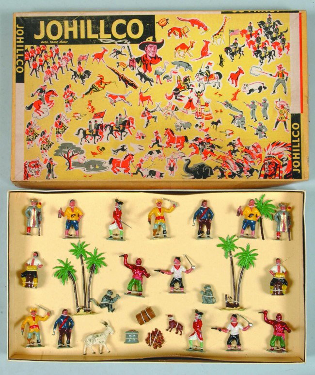 Johillco (England) 25 Piece Painted Cast Lead No. 3: Johillco (England) 25 Piece Painted Cast Lead No. 356/S Pirate Set in original box. Box measures 16 1/2" wide. Condition: Like new, box has minor wear and corner separation.