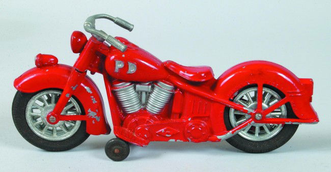 Hubley Kiddie Toy Die Cast "PD" Motorcycle with ori: Hubley Kiddie Toy Die Cast "PD" Motorcycle with original red paint with silver highlights and rubber tires with spoke wheels. 8 1/2" long. Condition: Good with some paint loss.