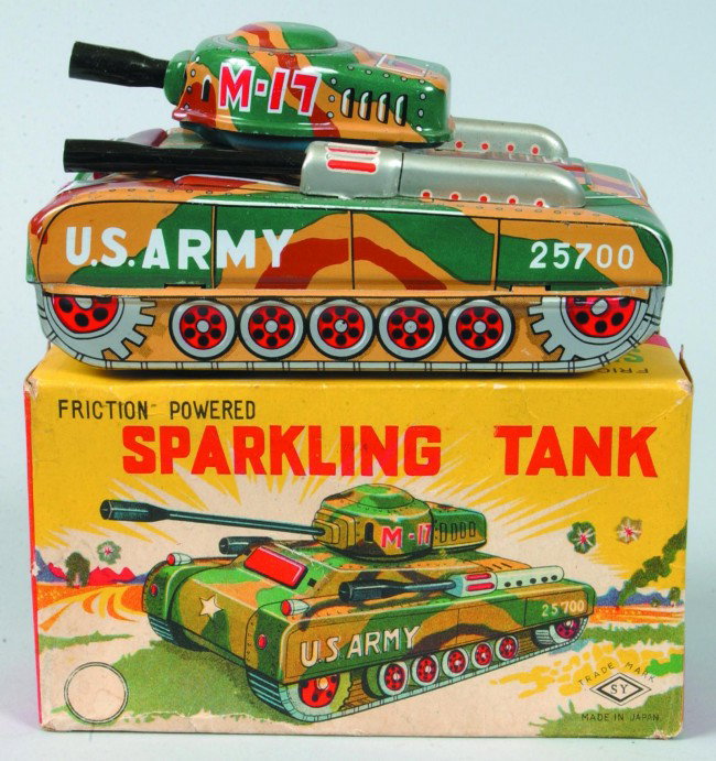 S.Y. (Japan) Tin Lithograph Friction Powered Sparkl: S.Y. (Japan) Tin Lithograph Friction Powered Sparkling Tank with original box. 6" long. Condition: Like new, box has minor creases and stains.