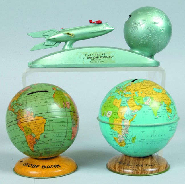 Three Various Banks; Two J. Chein tin lithograph g: Three Various Banks; Two J. Chein tin lithograph globe banks, 4 1/4" high and Duro mold & mfg. co. "Strato Bank", 8" long. Condition: All are good with moderate wear.