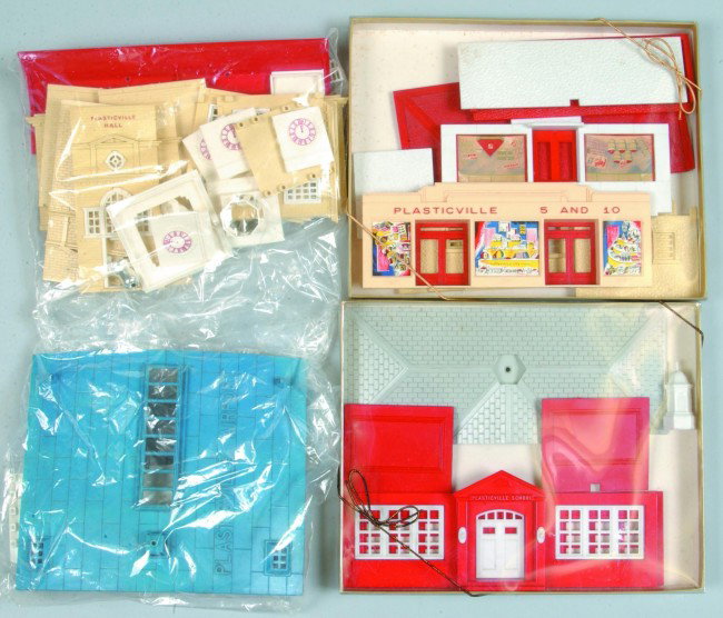 Lot of Plasticville Buildings; Airport, Frosty Bar: Lot of Plasticville Buildings; Airport, Frosty Bar, City Hall, Colonial House, Barn with Animals, School, Church, Supermarket, 5 & 10 Cent Store, Log Cabin, Cape Cod House, Station, Fence and misc. ca