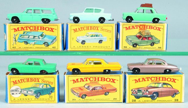 Six Matchbox Vehicles by Lesney, all with original: Six Matchbox Vehicles by Lesney, all with original boxes; 7 Ford Anglia, 20 Taxi Cab, 28 Mark Ten Jaguar, 33 Ford Zephyr III, 42 Studebaker Station Wagon and 56 Fiat 1500. Condition: Very good, boxes