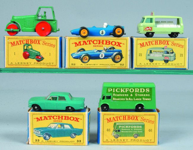 Five Matchbox Vehicles by Lesney, all with origina: Five Matchbox Vehicles by Lesney, all with original boxes; 1 Diesel Road Roller, 21 Milk Delivery Truck, 33 Ford Zephyr, 46 Picksfords Removal Van and 52 B.R.M. Racing Car. Condition: Very good, boxes