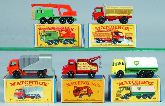 Five Matchbox Vehicles by Lesney, all with origina: Five Matchbox Vehicles by Lesney, all with original boxes; 7 Ford Refuse Truck,13 Wreck Truck, 25 B.P. Tanker, 30 8 Wheel Crane and 70 Grit Spreading Truck. Condition: Very good, boxes have minor wear