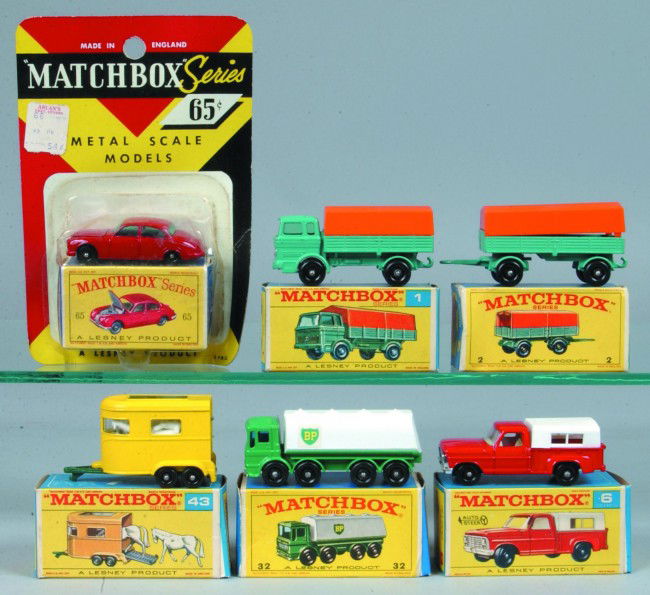 Six Matchbox Vehicles by Lesney, all with original: Six Matchbox Vehicles by Lesney, all with original boxes; 1 Mercedes Truck, 2 Mercedes Trailer, 6 Ford Pick-Up, 43 Pony Trailer, 32 Leyland Petrol Tanker and 65 Jaguar 3.8 Sedan. Condition: Very good,