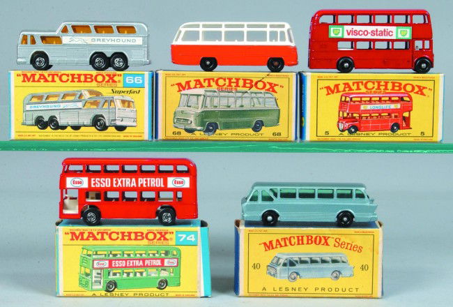 Five Matchbox Vehicles by Lesney, all with origina: Five Matchbox Vehicles by Lesney, all with original boxes; 5 London Bus, 40 Long Distance Coach, 66 Greyhound Coach, 68 Mercedes Coach and 74 Daimler Bus. Condition: Very good, boxes have minor wear.