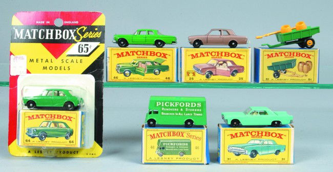Six Matchbox Vehicles by Lesney, all with original: Six Matchbox Vehicles by Lesney, all with original boxes; 25 Ford Cortina, 31 Lincoln Continental, 46 Picksfords Removal Van, 46 Mercedes 300 SE Coupe, 51 Trailer and 64 M.G. 1100. Condition: Very goo