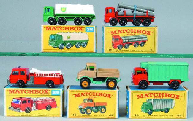 Five Matchbox Vehicles by Lesney, all with origina: Five Matchbox Vehicles by Lesney, all with original boxes; 10 Pipe Tuck, 29 Fire Pumper Truck, 32 Leyland Petrol Tanker, 44 Refrigerator Truck and 49 Unimog. Condition: Very good, boxes have minor wea