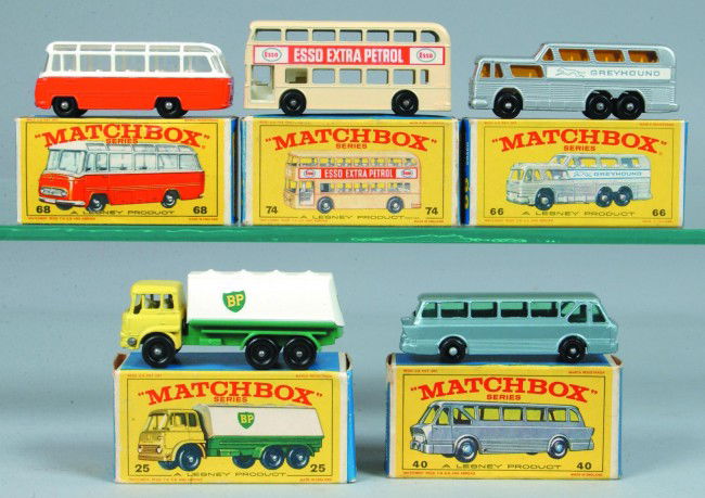 Five Matchbox Vehicles by Lesney, all with origina: Five Matchbox Vehicles by Lesney, all with original boxes; 25 B.P. Tanker, 40 Long Distance Coach, 66 Greyhound Coach, 68 Mercedes Coach and 74 Daimler Bus. Condition: Very good, boxes have minor wear
