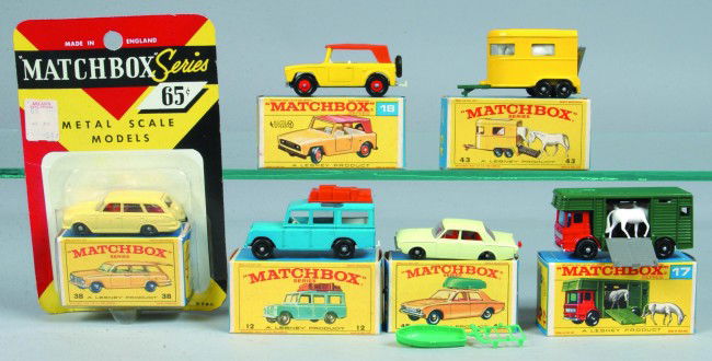 Six Matchbox Vehicles by Lesney, all with original: Six Matchbox Vehicles by Lesney, all with original boxes; 12 Safari Land Rover, 17 Horse Box, 18 Field Car, 38 Vauxhall Victor Estate Car, 43 Pony Trailer and 45 Ford Corsair & Boat. Condition: Very g