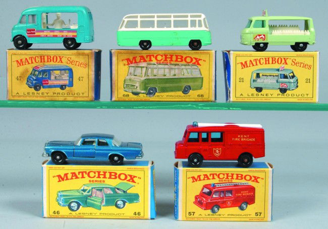 Five Matchbox Vehicles by Lesney, all with origina: Five Matchbox Vehicles by Lesney, all with original boxes; 21 Milk Delivery Truck, 46 Mercedes 300 SE Coupe, 47 Lyons Maid Ice Cream Mobile Shop, 57 Land Rover Fire Truck and 68 Mercedes Coach. Condit