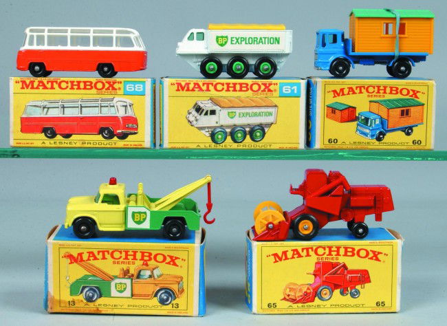 Five Matchbox Vehicles by Lesney, all with origin: Five Matchbox Vehicles by Lesney, all with original boxes; 13 Dodge Wreck Truck, 60 Truck wit Site Office, 61 Alvis Stalwart, 65 Claas Combine Harvester and 68 Mercedes Coach. Condition: Very good, bo