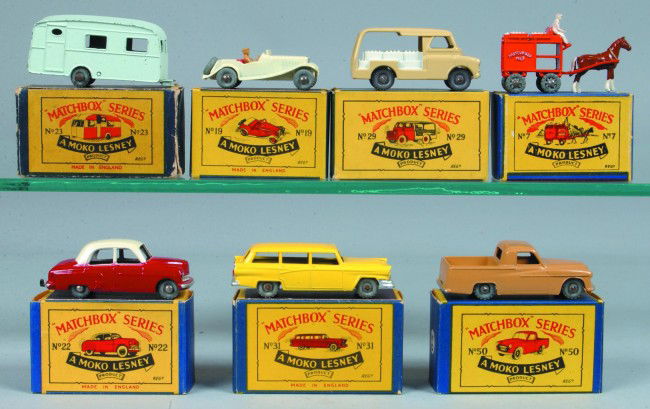 Seven Moko Lesney Matchbox Vehicles, all with orig: Seven Moko Lesney Matchbox Vehicles, all with original boxes; 7 Horse drawn Milk Float, 19 MGA, 22 Vauxhall Cresta, 23 Caravan, 29 Milk Van, 31 Ford Fairlane Station Wagon and 50 Commer Pick-up Truck.
