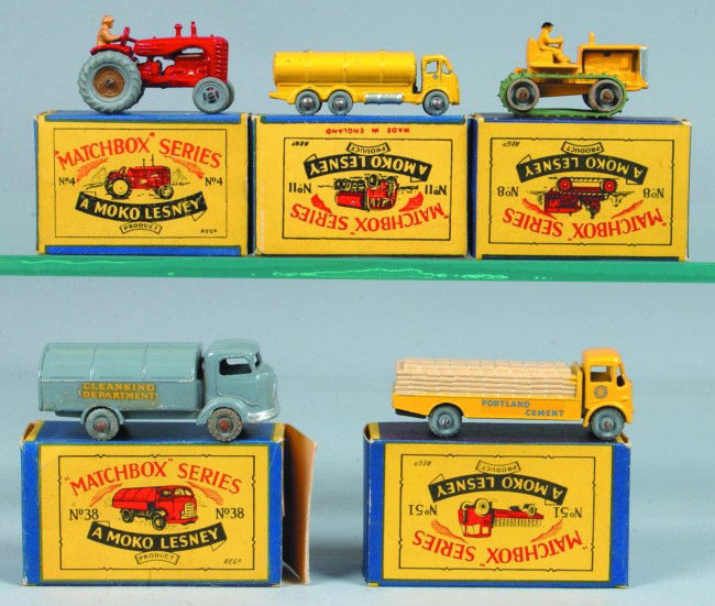Five Moko Lesney Matchbox Vehicles, all with origi: Five Moko Lesney Matchbox Vehicles, all with original boxes; 4 Massey Harris Tractor, 8 Caterpillar Crawler Tractor, 11 Road Tanker, 38 Karrier Refuse Collector and 51 Albion Chieftain "Portland Cemen
